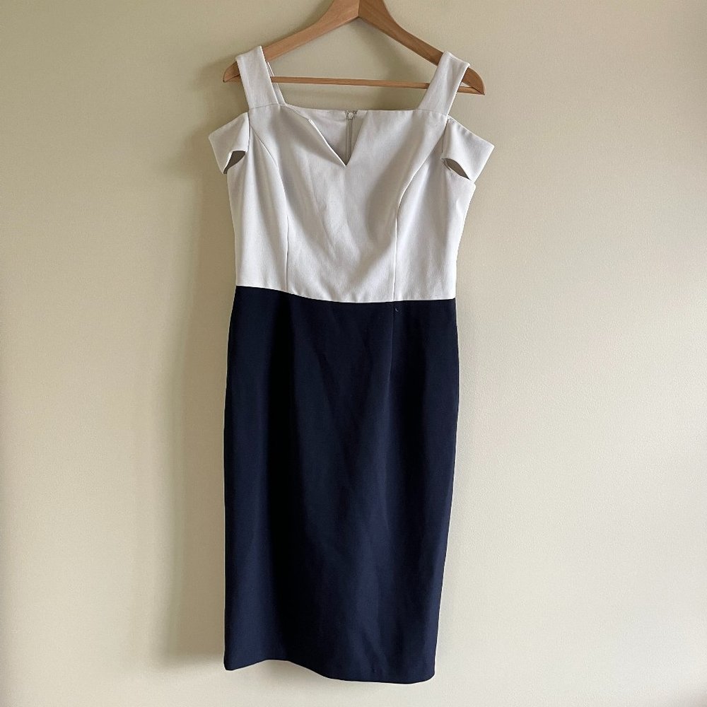 MAGGY LONDON COLD SHOULDER MIDI SHEATH DRESS WOMENS SIZE 10